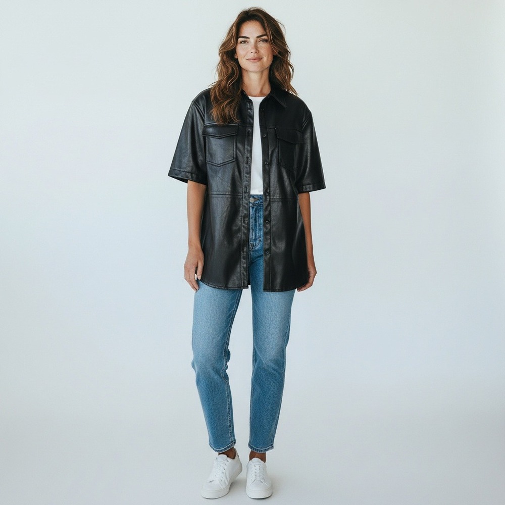 7 For All Mankind Jacket Womens Medium Black Leather Short Sleeve Shirt Shacket